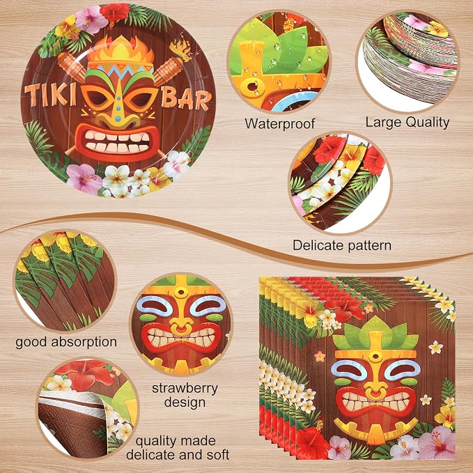 Funnymoom 452 Pcs Hawaiian Tiki Party Decorations Include Tiki Paper Plates Napkins Cups Tablecloth Cutlery Straws Hawaii Luau Party Supplies for Tropical Birthday Party Decorations