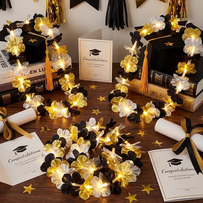 Sherr 48 Pcs Graduation LED Hawaiian Leis Class of 2026 Light Up Flower Leis Necklace with LED Lights Black Gold Silver Luau Flowers Necklaces for Graduation Party Decoration Supplies