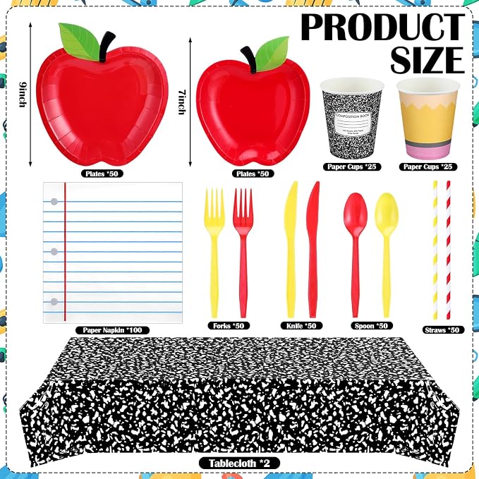 Vesici 452 Pcs Back to School Party Decorations Apple Paper Plates Napkins Cups Tablecloths Tableware Set for First Day of School Preschool Kindergarten Teacher Classroom Party Supplies