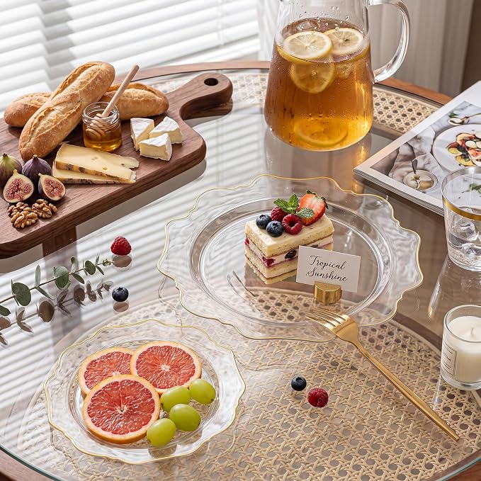 WDF 350Pcs Clear and Gold Plastic Plates - Heavy Duty Clear Plates Disposable - Gold Dinnerware Sets of 100 Plastic Plate 150Silverware 50 Cups 50 Napkins for Wedding Baby Shower Spring