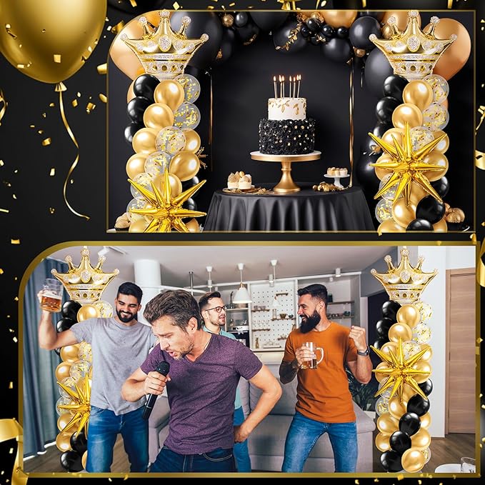 2 Sets Black and Gold Balloon Column Stand Kit with 2 Crown Foil Balloons Black and Gold Arch Garland Tower Stand with Bases for Floor for Prom Men Him Birthday Wedding Party Decorations
