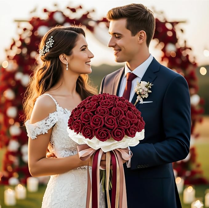 Auihiay 104PCS Burgundy Roses, Vivid Silk Velvet Artificial Roses, Lifelike Faux Roses for Bridal Bouquet, Home Decor, Valentine's Day, Wedding Centerpieces, Engagement Party