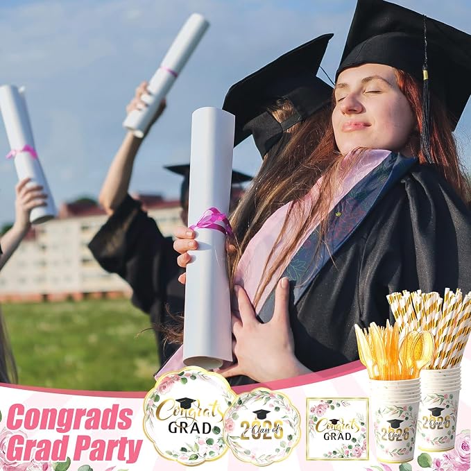 Funnymoom 452 Pcs Class of 2026 Pink Floral Graduation Decoration Party Supply for 50, Pink Gold Congrats Grad Paper Plates Napkins Cup Tablecloth Cutlery Straw for Freshly Graduated Decoration