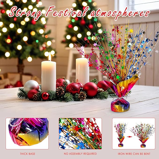 Metallic Star Spray Centerpieces 8 pack for Tables - Bulk 12.4" Foil Fountain Table Decorations for Large Events, Graduation 2026, Wedding Reception (Iridescence)
