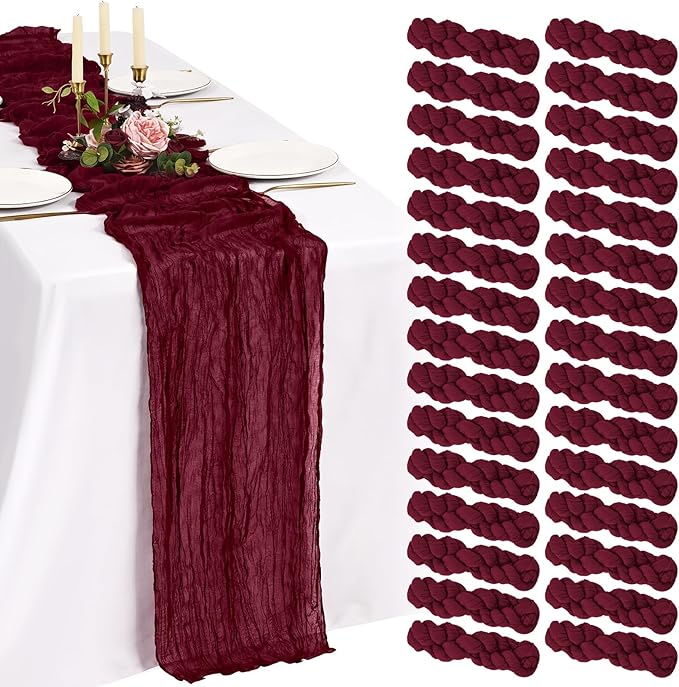 30 Pack Cheesecloth Table Runner 10FT Burgundy Red Table Runner Boho Gauze Cheese Cloth Table Runners Long Rustic Sheer Table Decorations for Wedding Party Baby Bridal Shower Birthday Holiday Home