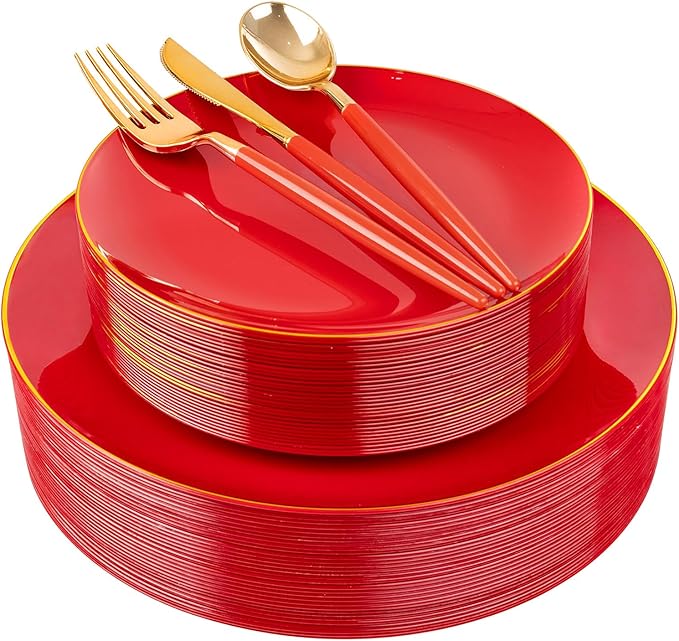 DaYammi 150Pcs Red Plastic Plates & Gold Cutlery with Red Handle,Red Disposable Plates Set Include 30 Dinner Plate, 30 Dessert Plate,30 Knives,30 Forks,30 Spoons for Mother's Day Party Wedding