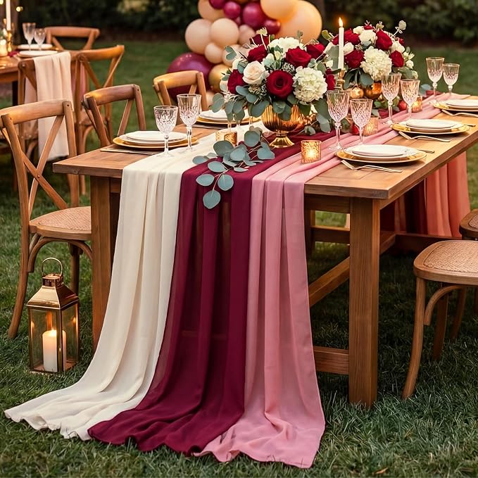 Boao 6 Pcs Burgundy Party Decorations Table Runner Cloth 10Ft Boho Sheer Rustic Fabric for Wedding Birthday Party Baby Bridal Shower Graduation Dawn Sunset Decor