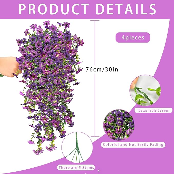 4 Pcs Artificial Hanging Flowers for Outdoor Indoor, UV Resistant Silk Daisy Fake Flowers, Realistic Faux Trailing Vines for Spring Garden Planter Porch Patio Window Box Decor(Double Purple)