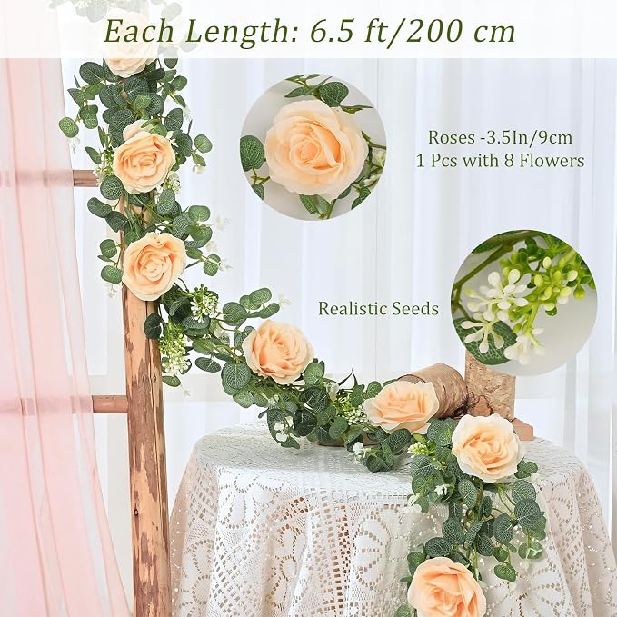 Dolicer 4Pcs 26Ft Artificial Eucalyptus Garlands with Flowers - 8 Roses, Faux Floral Greenery Garlands Fake Flowers Vines for Wedding Table Centerpieces Arch Party Ceremony Backdrop Decor (Champagne)