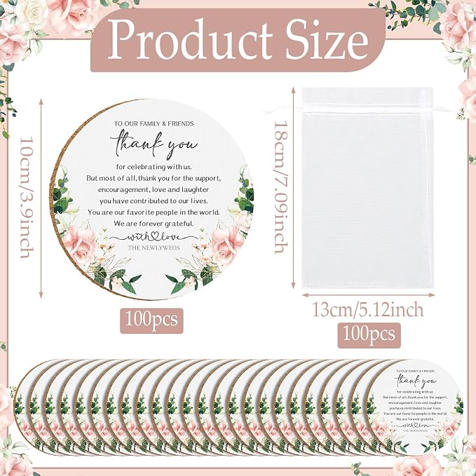 Hushee 200 Pcs Wedding Favors for Guests Floral Cork Coasters Bulk Bridal Shower Thank You Gifts Natural Wood Coaster Wedding Welcome Bag Stuffers Floral Bridal Shower Favors Souvenirs Party Supplies