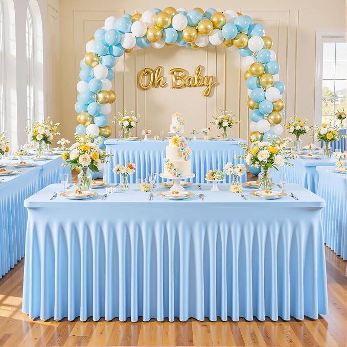 4 Pack Baby Blue Spandex Tablecloths for Rectangle Tables 6 Foot Blue Stretch Table Cloth Rectangle 6ft Elastic Fitted Table Cover with Skirt for Wedding Baby Shower Boy Birthday Party Banquet Buffet
