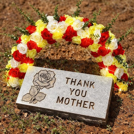 Suncalla Artificial Cemetery Floral Arch Kit for Grave Realistic Cemetery Decoration Flowers with Light Headstone Flowers Garland for Memorial Grave Tombstone Decoration(Yellow,Rose Eucalyptus)