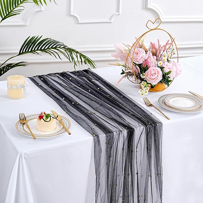 Pearl Gauze Tulle Table Runner: Black 120 Inch 10FT Seasonal Sheer Dining Holiday Wedding Birthday Baby Shower Table Decor for Home Party Indoor Outdoor
