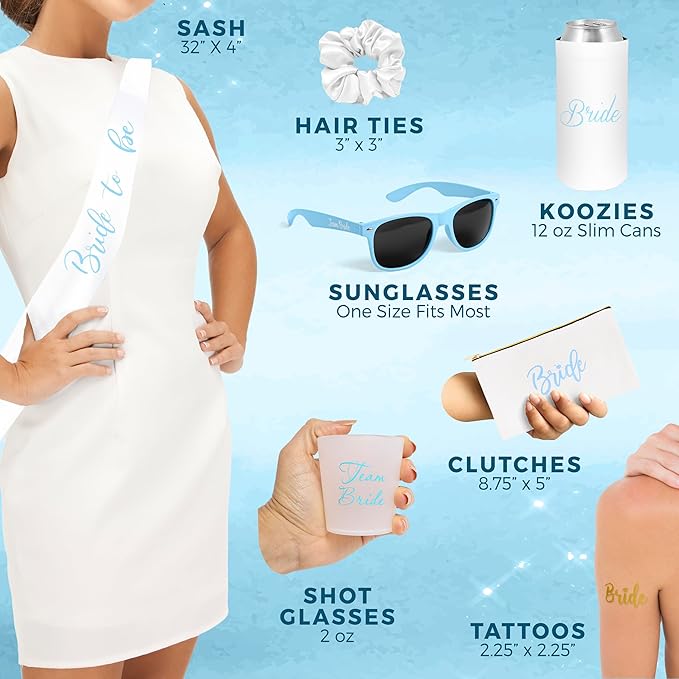 56 Piece Bachelorette Party Favors Kit – Bridesmaid Proposal Gifts & Bride-to-Be Accessories | Team Bride Decorations, Sashes, Sunglasses, Cups & More (Blue 7 Pack, 56)