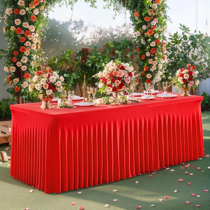 4 Pack Red Table Cloth for 6 Foot Rectangle Tables Spandex Fitted Tablecloth 6ft Stretch Table Covers Skirt Red Banquet Tablecloths Wrinkle Free Tablecloth for Party Wedding Birthday Event