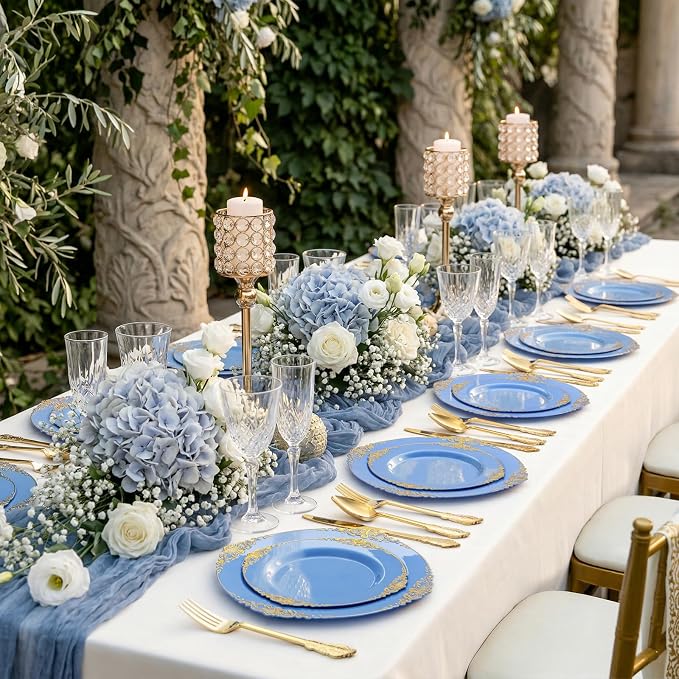 125PCS Blue and Gold Plastic Plates - Airy Blue Disposable Plate - Gorgeous Plates with Gold Plastic Silverware Sets for 25 Guests for Party & Wedding & Spring