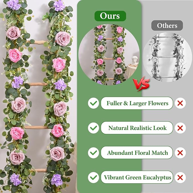 Livole 6 FT Artificial Flower Garland Real Touch Fake Pink Floral Rose Peony Garland with Eucalyptus Flower Hanging Vine for Wedding Table Centerpieces Backdrop Party Arch Home Decorations