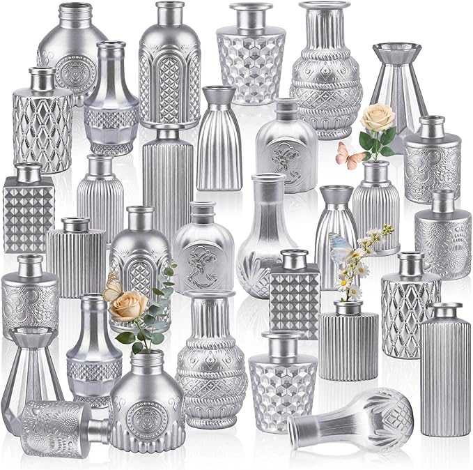 32 PCS Assorted Vintage Bud Vases, Colorful Glass Small Vases Bulk, for Centerpieces, Wedding Table Decor, Home Decorations & Gifts (Silver Srires)