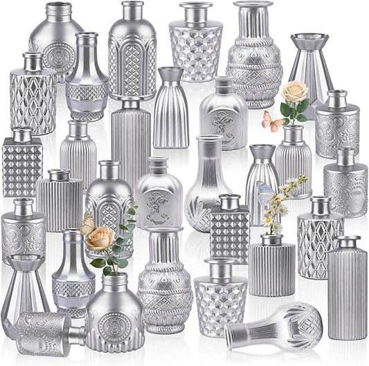 32 PCS Assorted Vintage Bud Vases, Colorful Glass Small Vases Bulk, for Centerpieces, Wedding Table Decor, Home Decorations & Gifts (Silver Srires)