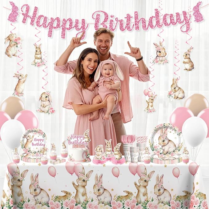 Xynic 205pcs Bunny Birthday Decorations Complete Tableware Set, for 25 Guests, Pink Bunny Party Decorations Girl, Includes Banner Hanging Swirls Plates Napkins Balloons Caketopper Tablecloths