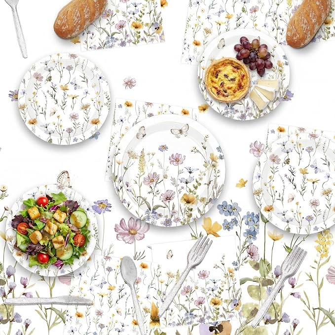 Ceenna 390 Pcs Wildflower Party Decorations for 48 Guests, Spring Floral Paper Plates Napkins Cups Tablecloth Cutlery Disposable Tableware Set for Flower Baby Shower Birthday Wedding Party Supplies