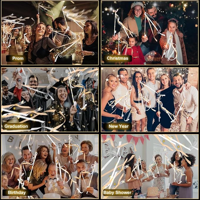 HONLYNE 200 PCS Wedding Wands with Lights,Fairy Wands, LED Silk Fairy Wand with Bells for Wedding Send Off, New Year, Raves, Concert, Birthday