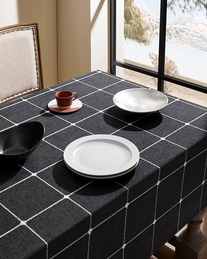 ZeeMart Grid Embroidered Hemmed Tablecloths, Charcoal 60x60 Inch, Farmhouse Style Heavy Weight Cotton Linen Dark Grey Tablecloths, Boho Plaid Water Resistant Square Table Cloth ﻿