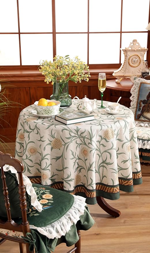 patdrea Vintage French Linen Tablecloth,Round,Diameter 67"-Botticelli | Elegant Table Cloth for Round Table,Sage Green Floral Vine Patterned,for Dining Room Tea Party Thanksgiving
