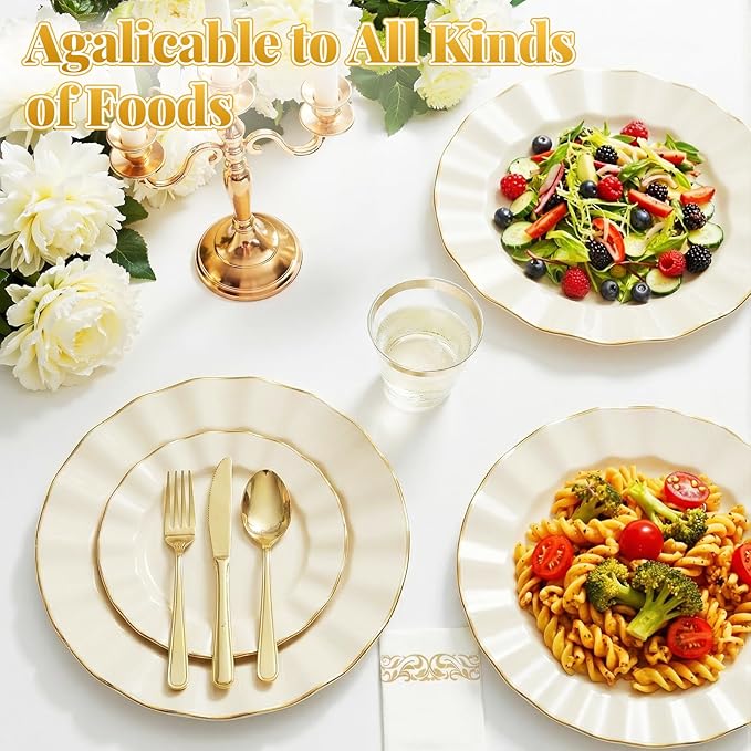 Glowserve 175 Piece Disposable Plastic Plates Dinnerware Set for 25 Guests | 50 Plastic Plates,25 Silverware Set,25 Cups and Napkins,Party Wedding Birthday,Family Gathering,Fancy Plastic Plates