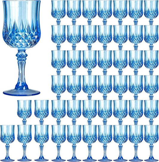 XKXKKE 48 Pcs Blue Plastic Wine Glasses, Plastic Water Goblets for Parties, Stemmed Drinking Glasses for Wedding Reception, Grand Event Party Bar Supplies Reusable Drinking Cups