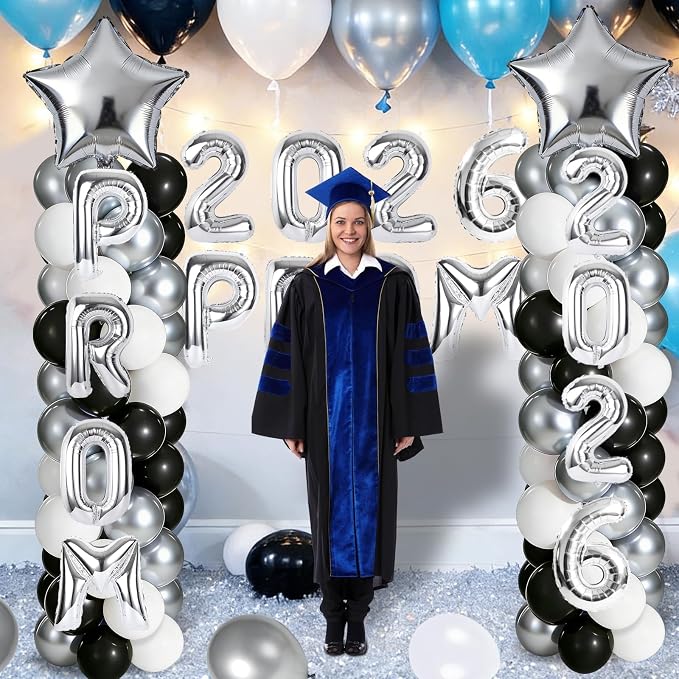 2 Sets Graduation Balloon Column Stand Kits with 132 PCS Silver Black White Latex Balloons 2026 Letters 6.5 Ft Adjustable Metal Tube Telescopic Tower Pillar with Base for Graduation Party Decoration