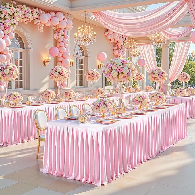 Pink Satin Tablecloths Rectangle 4FT, Glitter Spandex Fitted Stretch Table Covers Wrinkle-Resistant Floor Length Shimmer Pleated Table Skirt for Weddings Parties Baby Shower Banquets Vendor Events