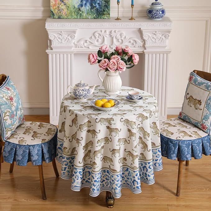 patdrea Vintage Leopard Print Linen Tablecloth,Round,Diameter 67"-from | Fench Elegant Table Cloth for Round Table,Animal Patterned,Dining Room Kitchen Tea Party Decoration,Durable
