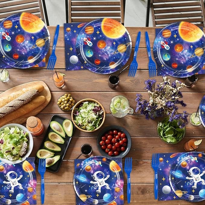96Pcs Space Birthday Decorations Solar System Paper Plates and Napkins Supplies for Astronaut Baby Shower Decor Blue Galaxy Planet Birthday Tableware Set Space Themed Party Decorations