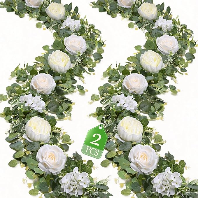 Livole 2Pcs 6 FT Artificial Flower Garland Fake White Rose Peony Floral Garland with Eucalyptus Flower Hanging Vine for Wedding Arch Table Centerpieces Backdrop Party Home Decorations