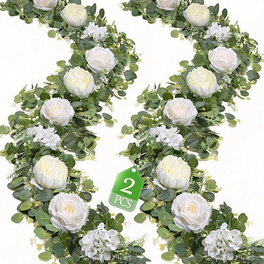 Livole 2Pcs 6 FT Artificial Flower Garland Fake White Rose Peony Floral Garland with Eucalyptus Flower Hanging Vine for Wedding Arch Table Centerpieces Backdrop Party Home Decorations