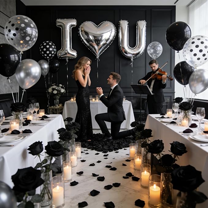 32 Inch I Love You Balloons Black and Silver Balloon with Heart Shaped, Love Foil Balloons and 1000 Pieces Rose Petals for Anniversary Valentine's Day Proposals Decorations (Black and Silver)