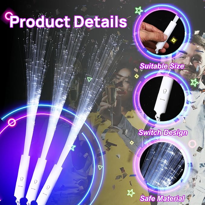 miikoul 16 Pcs Fiber Optic Wands White Glow Sticks LED Wedding Wand Light up Party Favor Sticks Flashing Wands with 3 Light Modes for neon Party Wedding Baby Shower Birthday Party Supplies