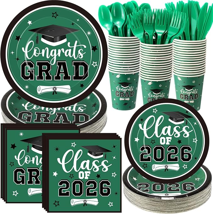 Funnymoom 400 Pcs Graduation Party Supplies Class of 2026 Graduation Paper Plate Napkin Cup Cutlery Congrats Grad Disposable Tableware Set for Grad Party Decorations, Serve 50 (Green, White)