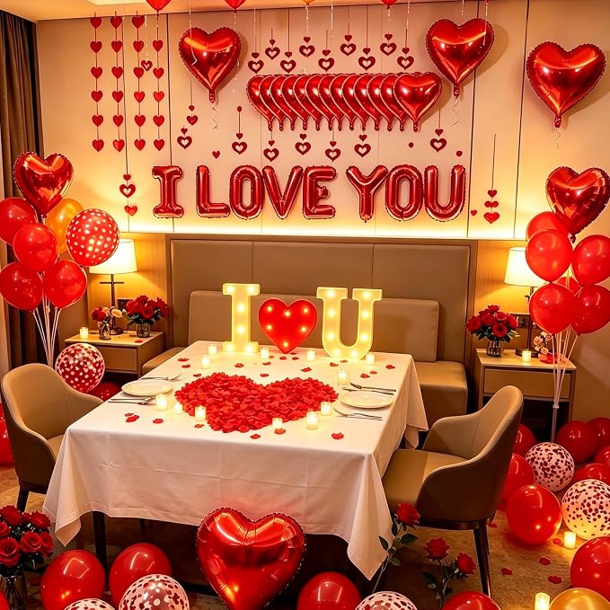 I LOVE YOU Light Up Letter Sign Decor 2 Set Red I LOVE YOU Balloons - 3100pcs Red Artificial Rose Petals 48pcs Flameless LED Candle Tealight Heart Foil Latex balloons Hanging Swirls Valentine's Day