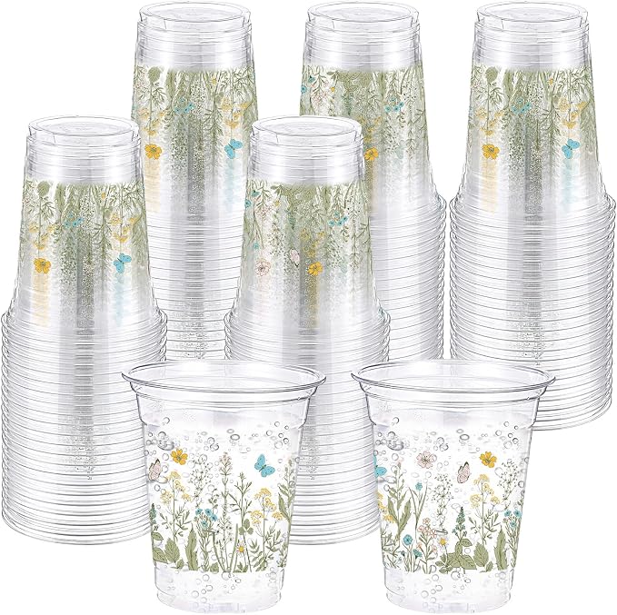 Hushee Wildflower 60 Pcs Party Cups 16 oz Plastic Disposable Drinking Cups for Birthday Love Baby in Bloom Baby Shower Summer Fresh off The Market Bridal Shower Decorations Supplies