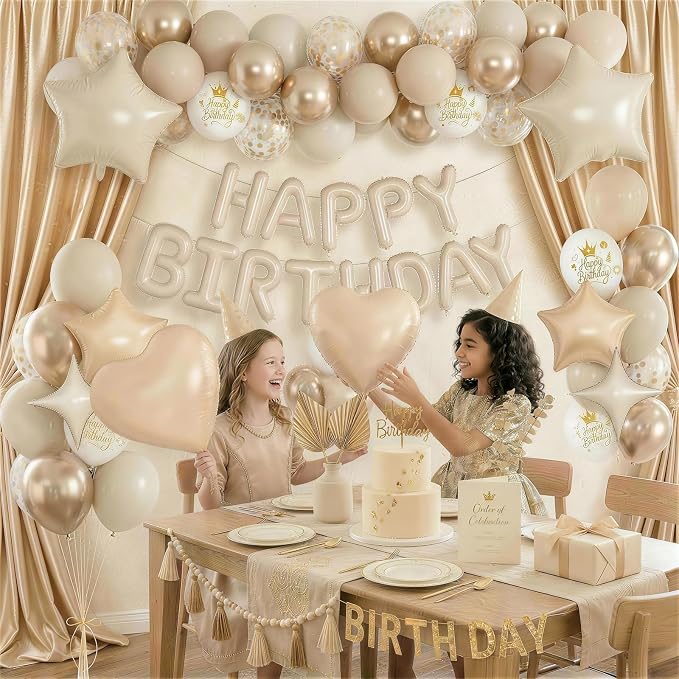 Boho Cream Beige Birthday Decorations for Women Neutral Nude Sand White Champagne Gold Print Balloons Gold Confetti Balloon Happy Birthday Banner Heart Balloons Star Balloon for Bday Party Supplies