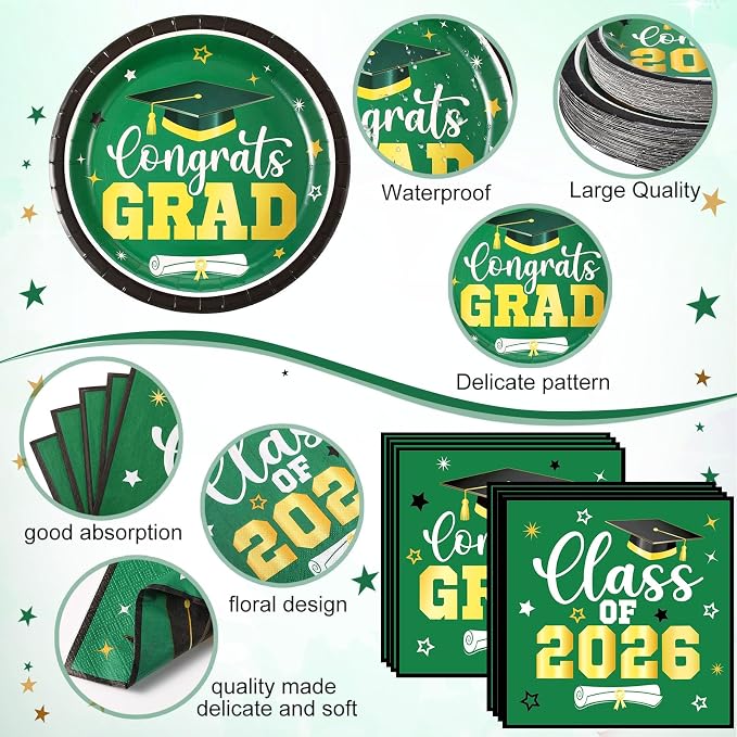 Funnymoom 400 Pcs Graduation Party Supplies Class of 2026 Graduation Paper Plate Napkin Cup Cutlery Congrats Grad Disposable Tableware Set for Grad Party Decorations, Serve 50(Green)