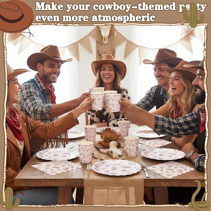 Domensi 250 Pcs Western Cowboy Party Decorations Cowboy Paper Plates Napkins and Cups Serve 50 Wild West Disposable Tableware Set for Rodeo Birthday Baby Shower Party Supplies Decoration