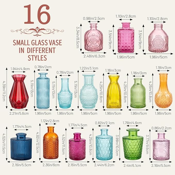 32 PCS Assorted Vintage Bud Vases, Colorful Glass Small Vases Bulk, for Centerpieces, Wedding Table Decor, Home Decorations & Gifts (Colorful rieires)