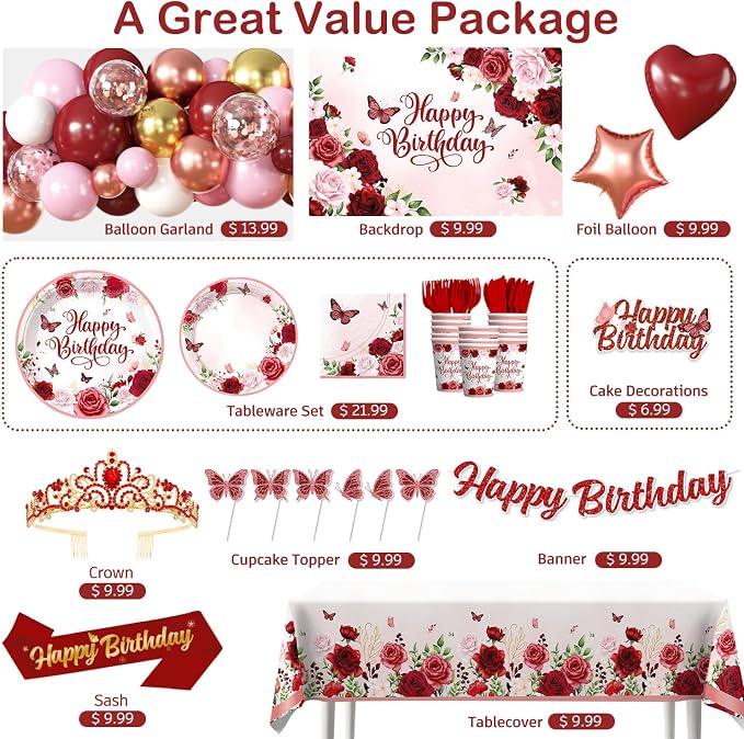 271 Pcs Burgundy Party Decorations, All-in-one Women Birthday Decorations with Burgundy Balloons, Banner, Backdrop, Plates and Napkins Set, Floral Happy Birthday Decorations Rose Gold