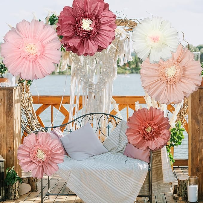 Giegxin 6 Pcs 31.5", 24" Pink Giant Paper Flower Boho Large Tissue Paper Flower for Wall Big Pink Pom Pom Floral Decorations for Wall Wedding Bridal Shower Baby Shower Tea Party Nursery Birthday Decor