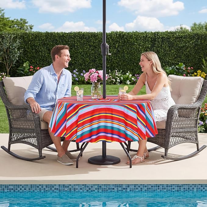 Poise3EHome Round Outdoor Tablecloth with Umbrella Hole and Zipper,Stripe 70 Inch,Polyester SpillProof Washable Table Cloth for Spring Summer Patio Garden Poolside Picnic Camping BBQS