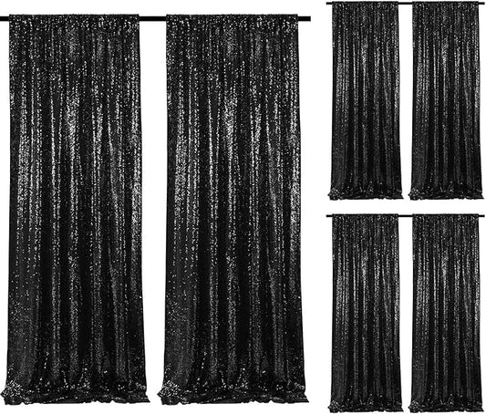 Black Sequin Backdrop Curtains 6 Pieces 2FTx8FT Shimmer Birthday Wedding Photograph Baby Shower Decoration Backdrop Fabric for Christmas Party Decoration