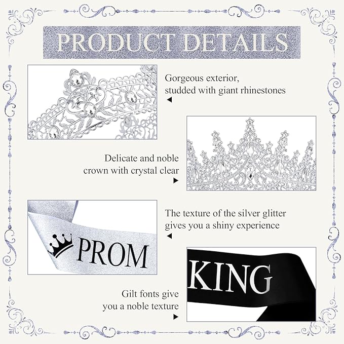 Retrowavy 4 Pcs Prom King and Queen Crown Set with Sashes Prom King Queen Sash and Tiara Set for 2026 Grad Birthday Carnival Wedding Costume Accessories(Silver)